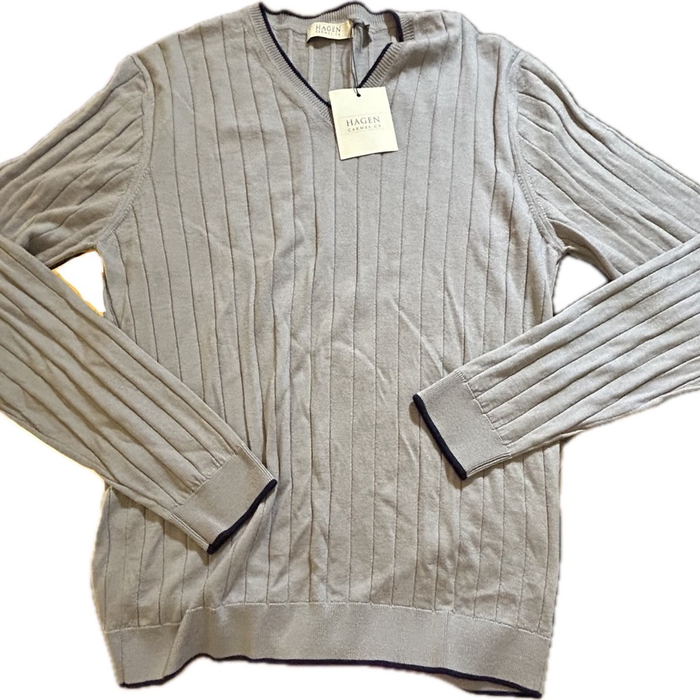 HAGEN CARMEL Merino Wool Sweater Women Large Base Layer V Neck Made In Italy New